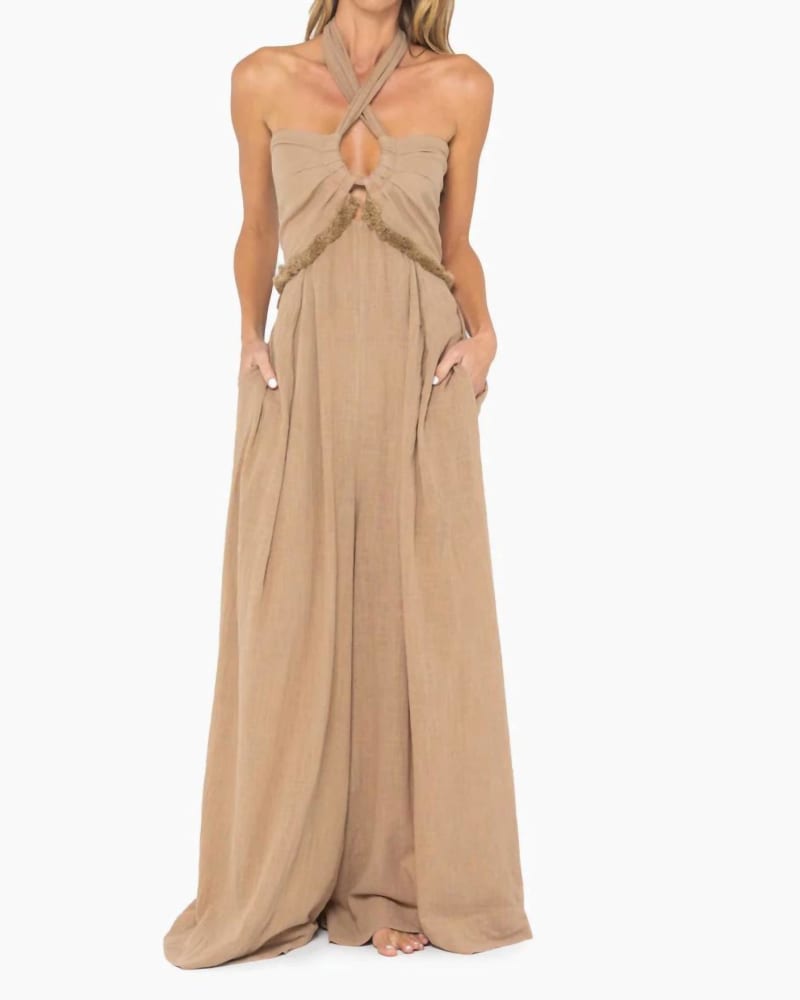 Front of a model wearing a size L Esme Jumpsuit In Beige in Beige by JUST BEE QUEEN. | dia_product_style_image_id:353791